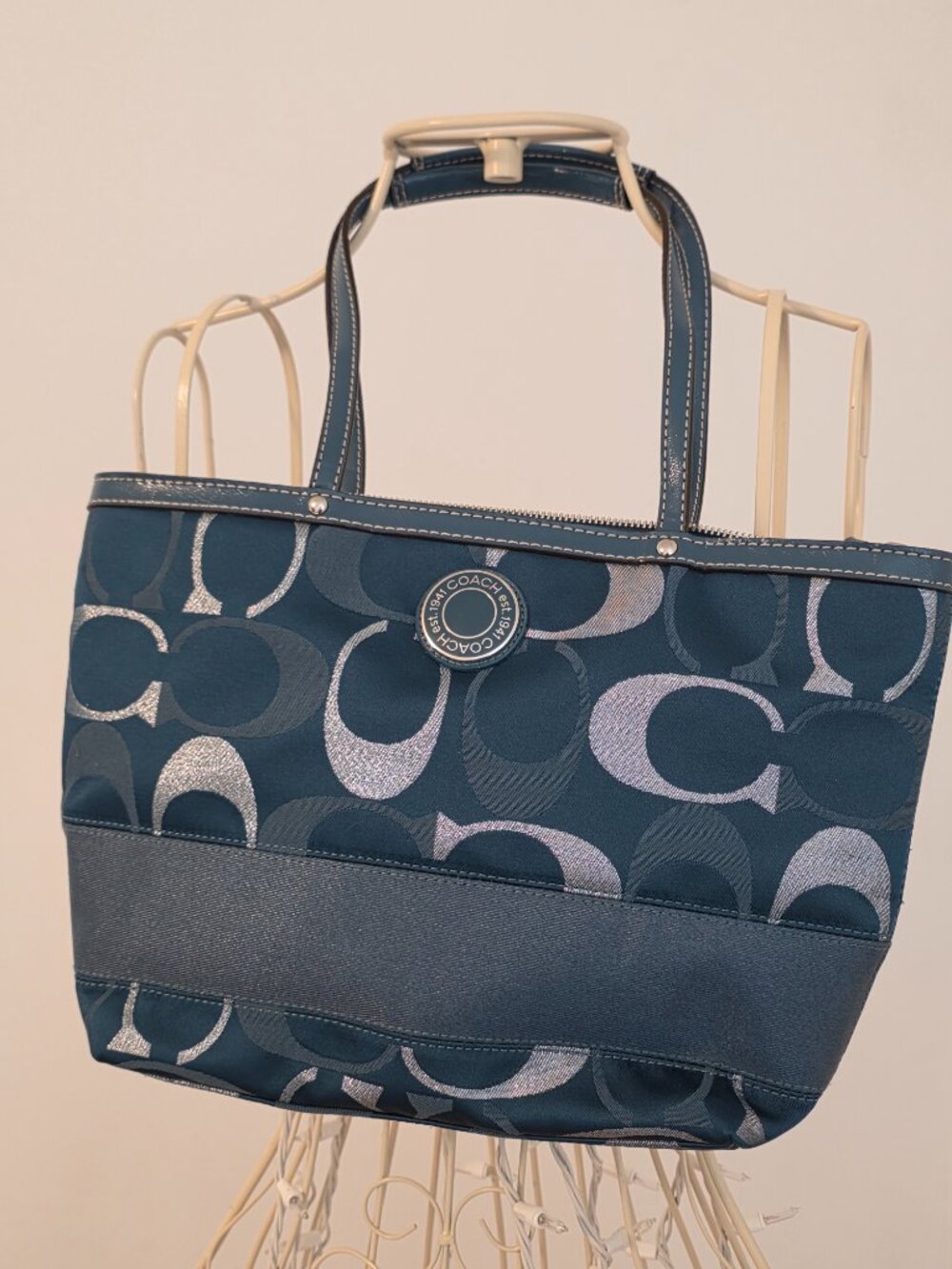 Coach Gallery Optic Signature Tote Teal Blue Jacquard Zip Shoulder Bag 12906 - Picture 1 of 12